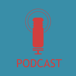 Em um fundo azul ilustração de um microfone na cor vermelha, abaixo escrito podcast.